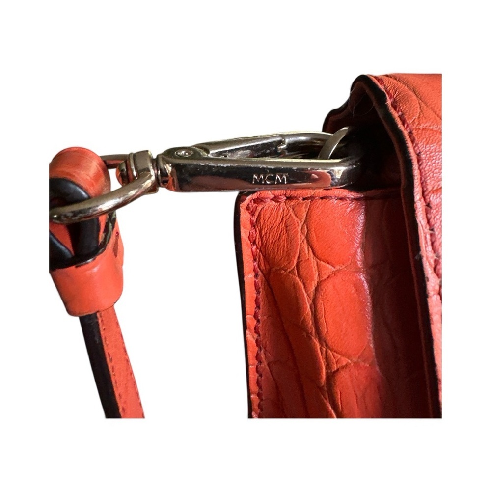 MCM Mode Travia Croc Embossed Leather Satchel Coral Orange Crossbody - Picture 6 of 17